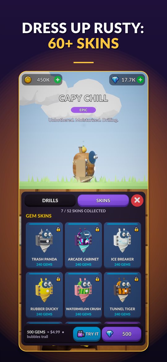 The skin locker with Capy Chill, Trash Panda, Arcade Cabinet and other drill skins