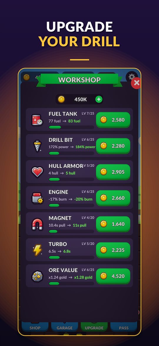 The workshop with drill upgrades